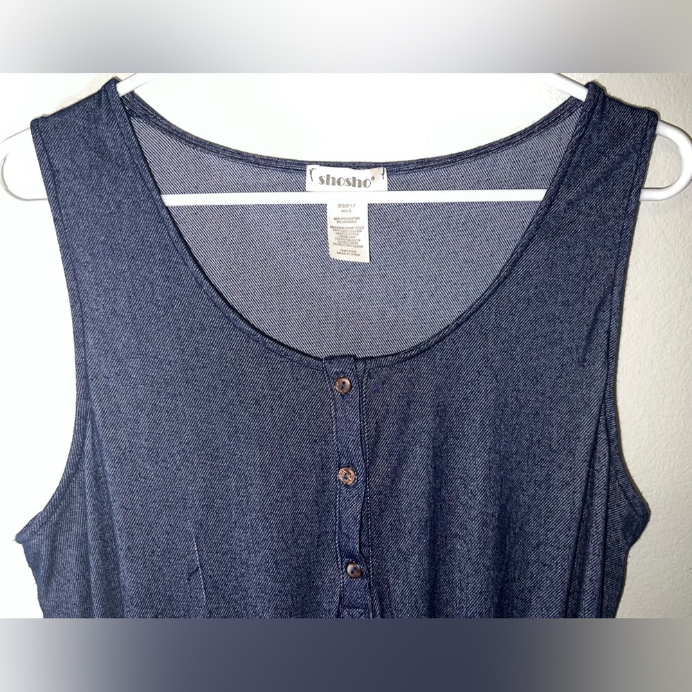 ShoSho Blue Denim Sleeveless Button Up Romper With Waist Tie & Pockets! Size L. - Picture 2 of 11